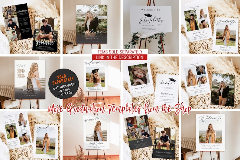 May include: A collection of graduation party printable templates featuring various designs with black and white text and photos. The templates include welcome signs, invitations, and cards with the text "graduate", "welcome", and "she did it".