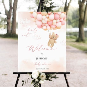 Bearbeitbares Teddybär-Babyparty-Willkommensschild, rosa Ballon-Babyparty-Willkommensschild, druckbares Babypartyschild, rosa Teddybär-Willkommensschild