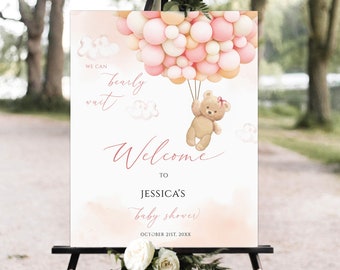 Editable Teddy Bear Baby Shower Welcome Sign, pink balloon Baby Shower Welcome Sign, Printable Baby Shower Sign,pink teddy bear welcome sign