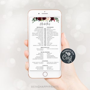 Wedding Party Timeline, Electronic Itinerary, Evite, Digital, Text Invite, Editable Text, Bridesmaid, Groomsmen, marsala itinerary yv453