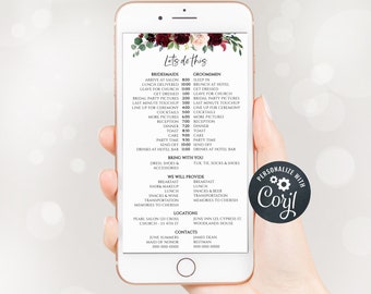 Wedding Party Timeline, Electronic Itinerary, Evite, Digital, Text Invite, Editable Text, Bridesmaid, Groomsmen, marsala itinerary yv453