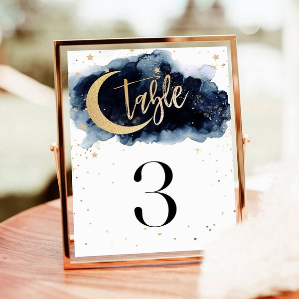 Over the Moon Baby Shower Table Numbers, Blue Twinkle Little Star Table Card Template, Moon Shower, Printable Template, Instant Download