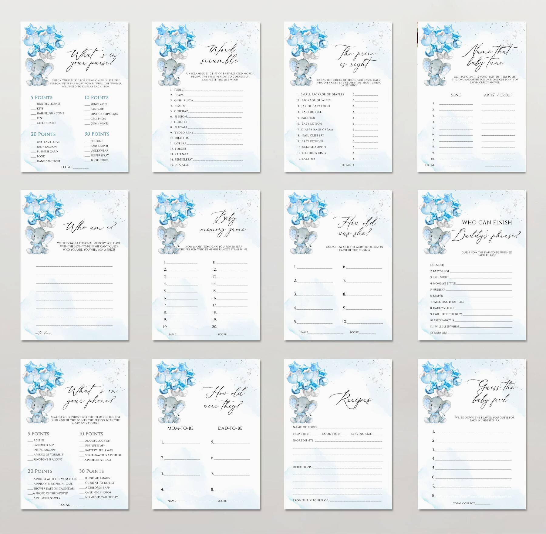 Editable Baby Shower Games Bundle Blue Elephant Instant - Etsy