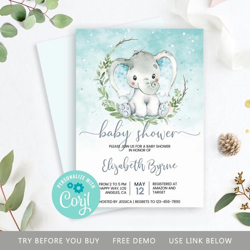 Baby Shower Invitation Elephant Baby Shower Invitation Boy Etsy