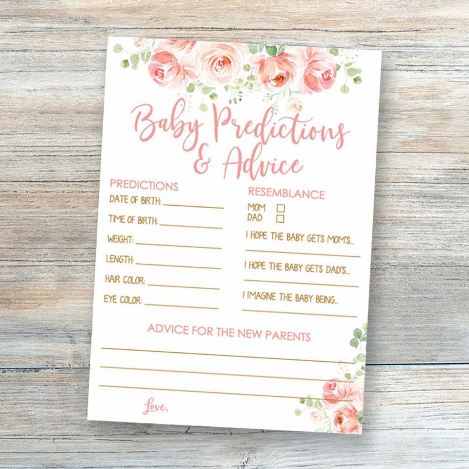 Floral Baby Prediction Cards Baby Predictions Template Girl Baby 