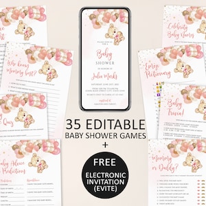 Teddy Bear Baby Shower Games, Girl Baby Shower Games Bundle, Pink Balloon Shower Games, Printable Baby Shower Games, Virtual Baby Shower