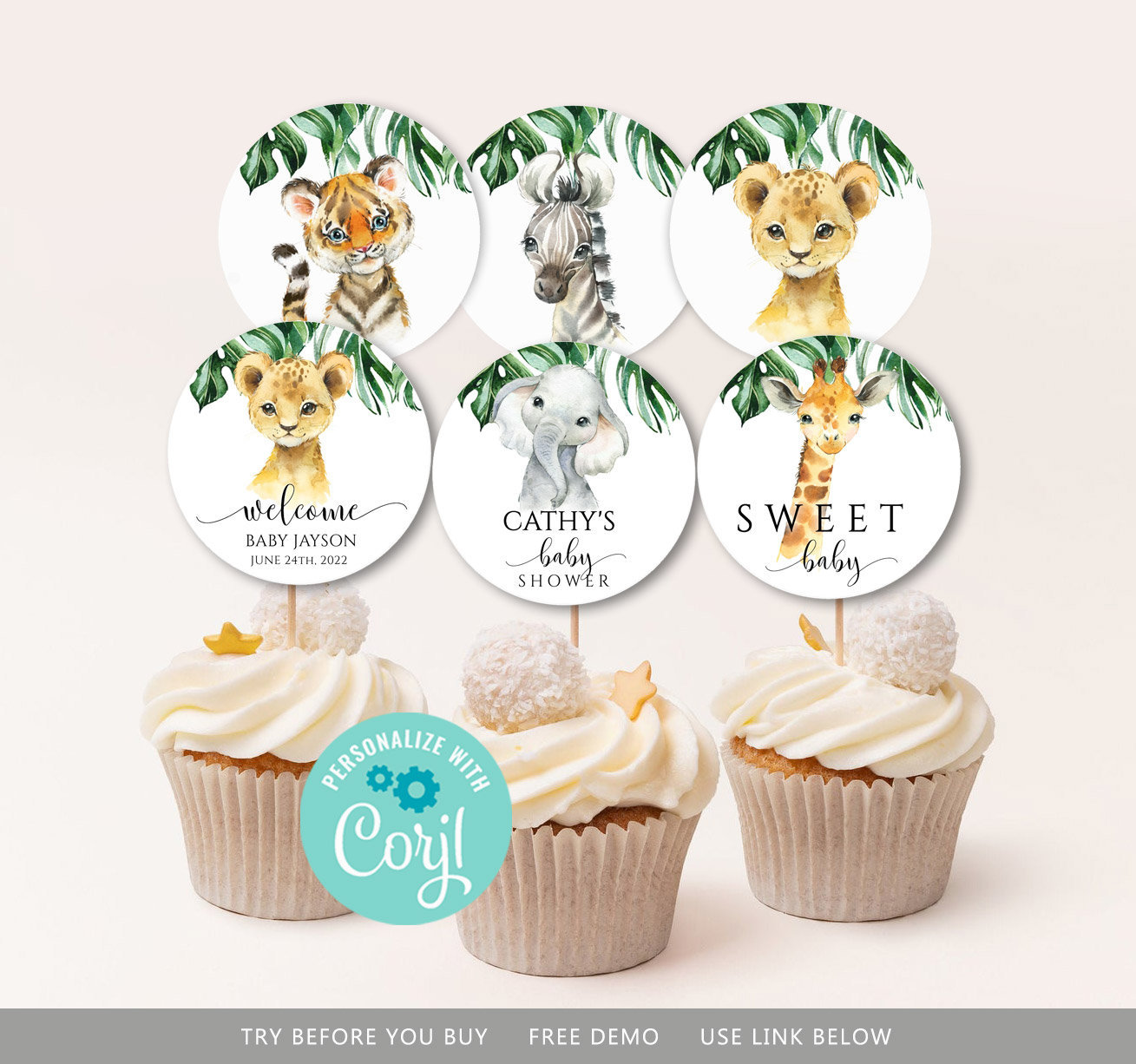 Safari Baby Shower Cupcake Toppers Jungle Cupcake Toppers Etsy