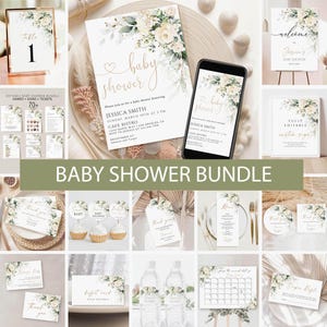 White Floral Baby Shower Invitation Bundle, Editable Floral Baby Shower Games, baby Shower Invite, Spring Flowers Welcome Sign Download