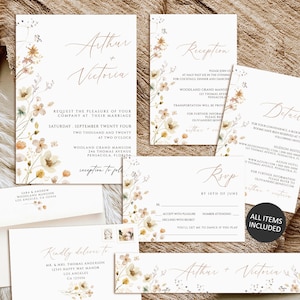 Ensemble d'invitation de mariage de fleurs sauvages, modèle d'invitation de mariage Boho, suite d'invitation de mariage imprimable, téléchargement d'invitation de mariage modifiable