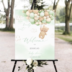 Cartello di benvenuto per baby shower modificabile con orsacchiotto, cartello di benvenuto per baby shower con palloncino verde, cartello per baby shower stampabile, cartello per orsacchiotto verde
