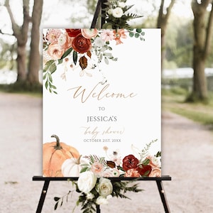 Herbst-Babyparty-Willkommensschild, Herbstblumen-Kürbis-Willkommensschild, kleines Kürbis-Babyparty-Willkommensschild, bearbeitbarer Vorlagendownload