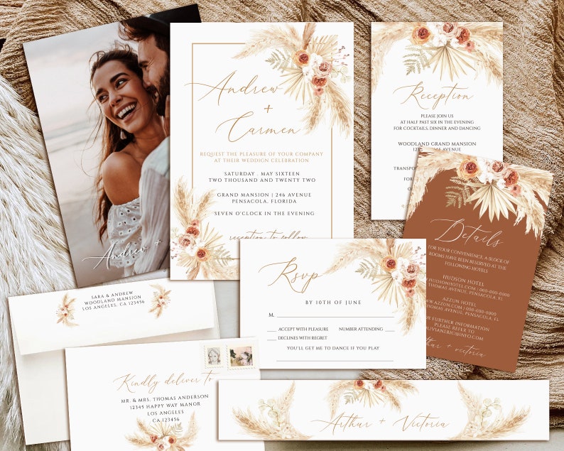 Pampas Grass Wedding Invitation Template, Printable Wedding Invitation Suite, Photo Wedding Invite, Boho wedding invitation set download image 8