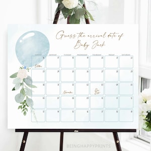 Blue Balloon Baby Due Date Calendar, Guess Baby&#39;s Birthday, Guess the Due Date Calendar, Baby Predication, Due Date Game,Blue Boy Eucalyptus