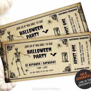 May include: Two vintage-style Halloween party tickets with a skeleton illustration, spider, bat, and hourglass. The tickets read "Join us if you dare to our Halloween Party" with event details. The tickets are aged with a sepia tone.