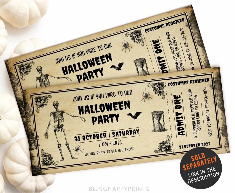 May include: Two vintage-style Halloween party tickets with a skeleton illustration, spider, bat, and hourglass. The tickets read "Join us if you dare to our Halloween Party" with event details. The tickets are aged with a sepia tone.