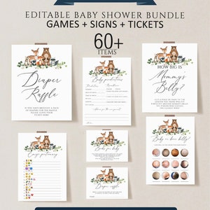 May include: Printable baby shower game cards featuring a woodland theme with a brown bear, deer, and greenery. The cards include games like "How Big is Mommy's Belly?", "Baby Predictions", "Diaper Raffle", and "Emoji Pictionary".