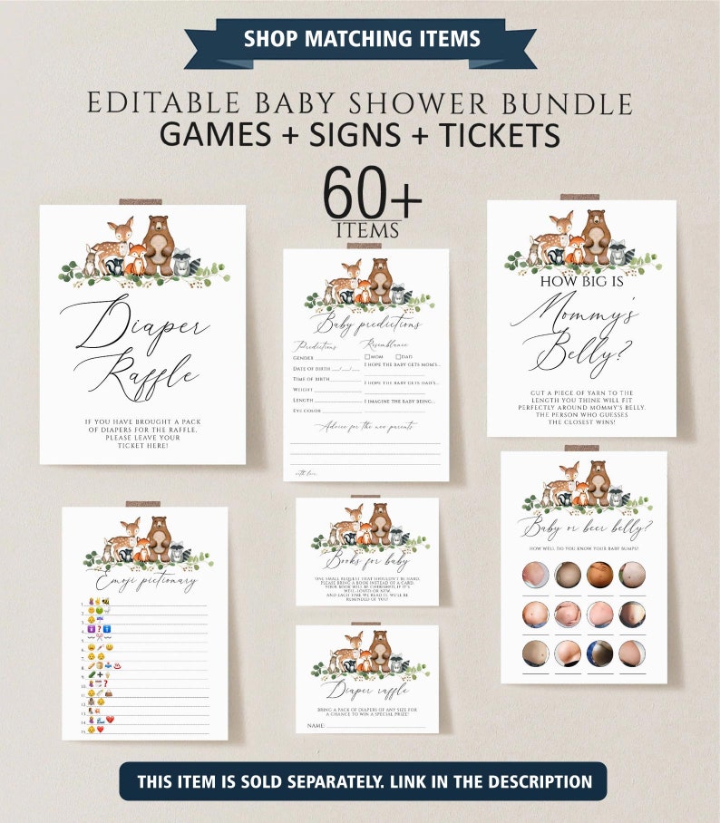 May include: Printable baby shower game cards featuring a woodland theme with a brown bear, deer, and greenery. The cards include games like "How Big is Mommy's Belly?", "Baby Predictions", "Diaper Raffle", and "Emoji Pictionary".