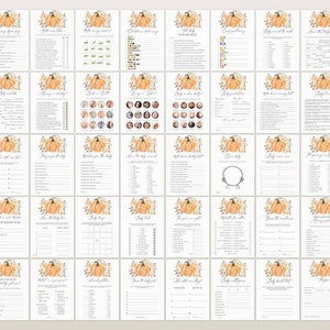May include: A collection of fifty-six white paper baby shower game cards arranged in a grid. Each card features a watercolor pumpkin illustration at the top and contains various printed text prompts, lists, and blank lines for writing answers.