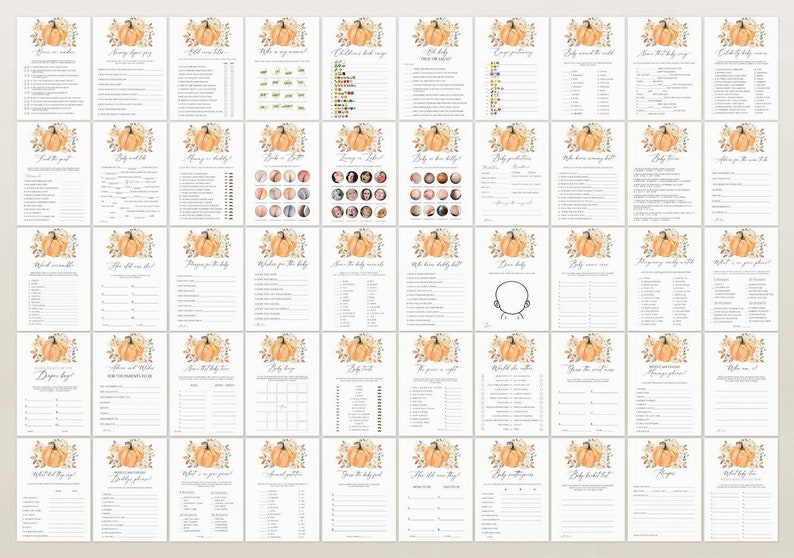 May include: A collection of fifty-six white paper baby shower game cards arranged in a grid. Each card features a watercolor pumpkin illustration at the top and contains various printed text prompts, lists, and blank lines for writing answers.