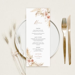 Szablon menu weselnego, minimalistyczne menu weselne, menu weselne z trawy pampasowej, drukowane menu weselne, szablon menu boho, natychmiastowe pobieranie