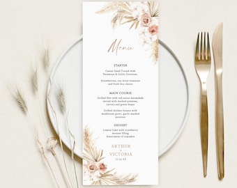 Wedding Menu Template, Minimalist Wedding Menu, pampas grass Wedding Menu, Printable Wedding Menu, Boho Menu Template, Instant Download