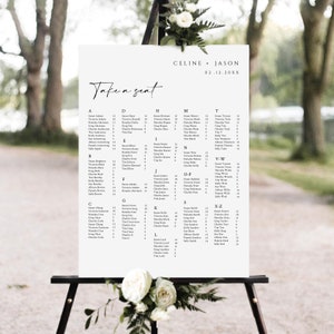 Minimalistische zitplaatsen grafiek, bruiloft zitplaatsen grafiek, alfabetische zitplaatsen grafiek, bruiloft poster, bruiloft zitplaatsen plan downloaden, modern eenvoudig