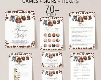 May include: Printable baby shower game bundle with a cow print background. The games include "How Big Is Mommy's Belly?", "Baby on her belly?", "Dad Jokes", "Children's Book Guessing Game", "Books for Baby", "Baby Predictions", and "Diaper Raffle".