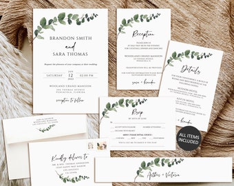 Greenery Wedding Invitation Suite, Printable Wedding Invitation set, Eucalyptus wedding Invite, Instant Download, botanical wedding invites