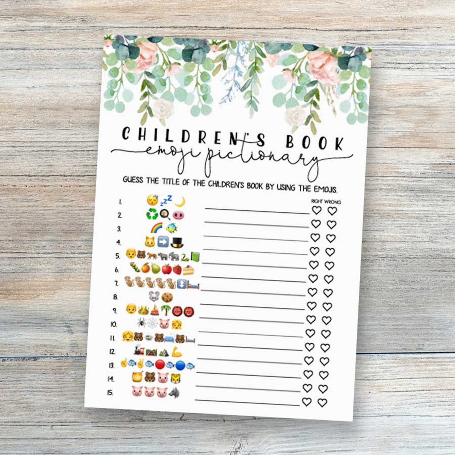 Greenery Childrens Book Emoji Game Baby Shower Emoji Etsy