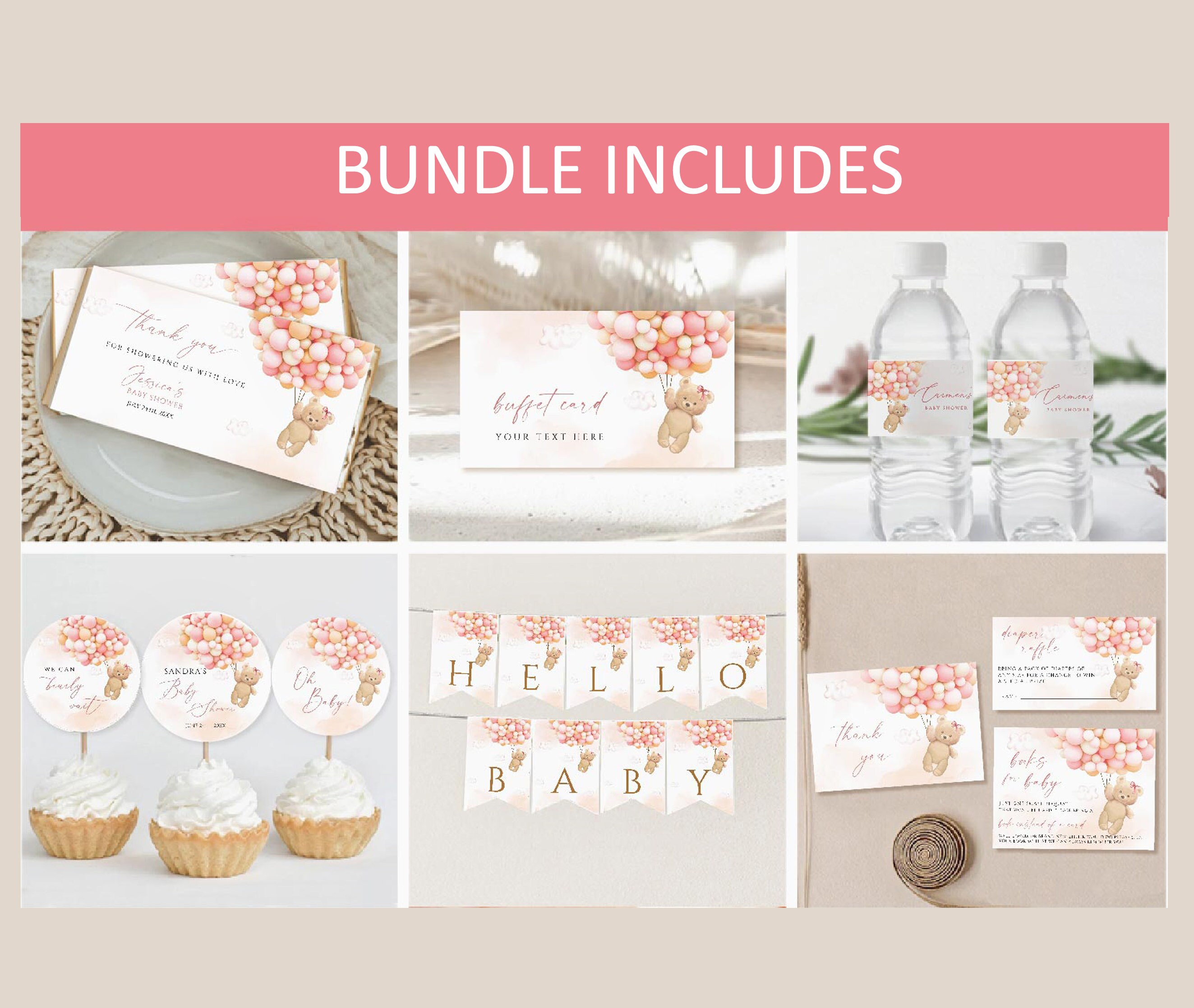 Pink Teddy Bear Baby Shower Invitation Bundle (editable) - Etsy