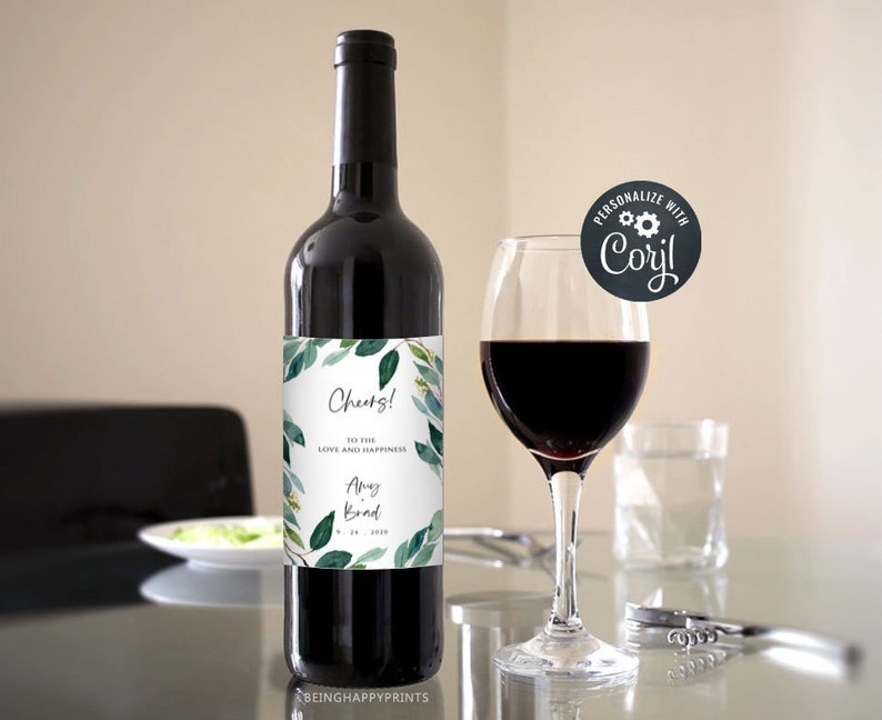 yv49 Wine bottle label Instant Download Beach Wedding Printable Greenery Leaves,Bridal Wedding Wine Bottle Label Wine Label Template
