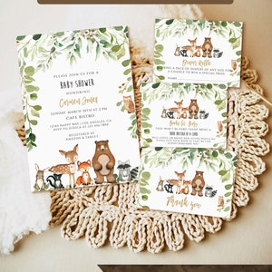 May include: A woodland-themed baby shower invitation with a green leafy background and cute animal illustrations. The invitation includes the text "Please join us for a baby shower honoring Carmen Jones".
