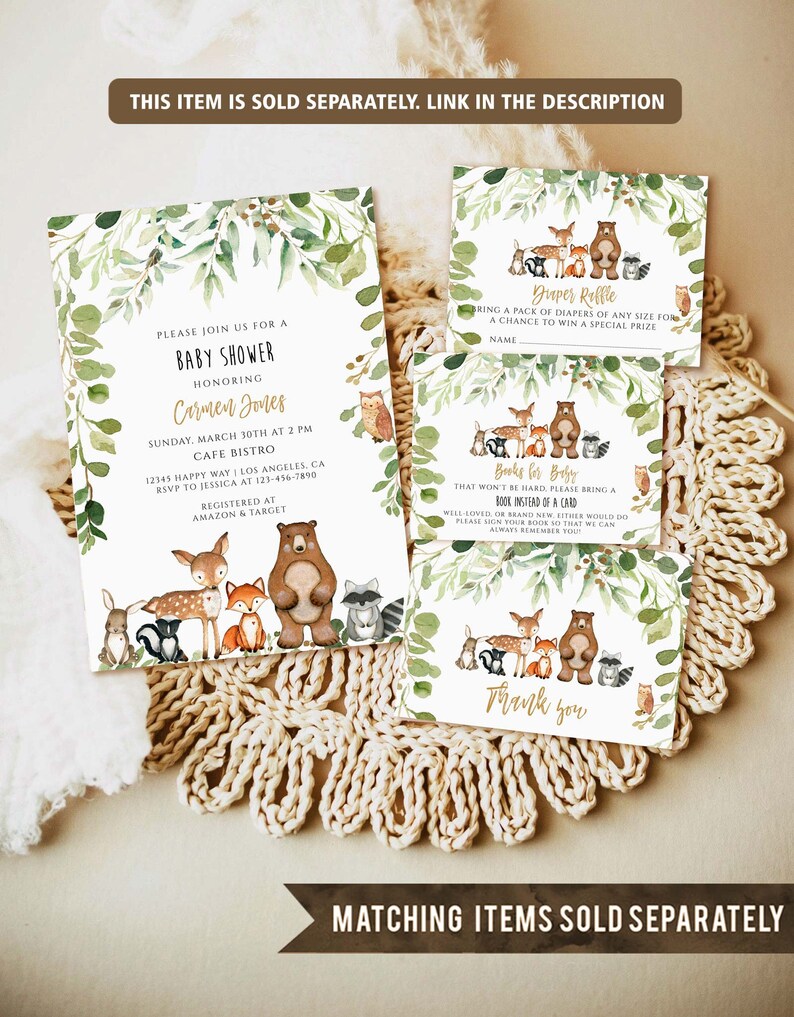 May include: A woodland-themed baby shower invitation with a green leafy background and cute animal illustrations. The invitation includes the text "Please join us for a baby shower honoring Carmen Jones".