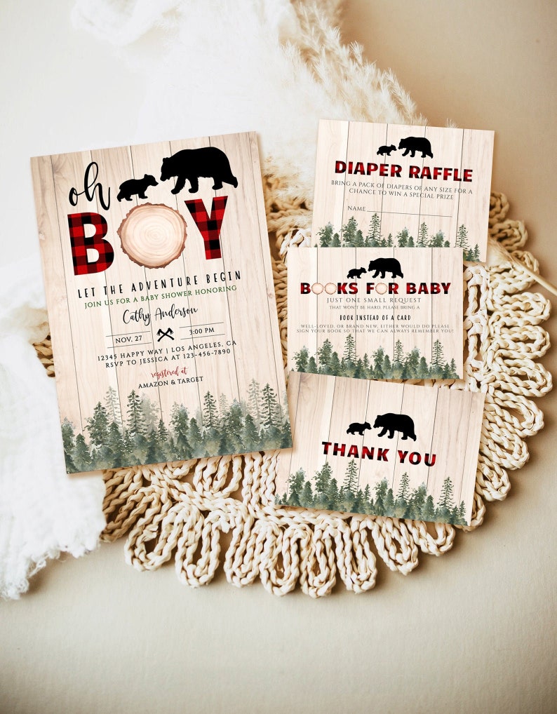 May include: A set of printable baby shower invitations with a woodland theme. The invitations feature a red and black buffalo plaid pattern, a woodgrain background, and illustrations of bears and pine trees. The text on the invitations reads "Oh Boy! Let the Adventure Begin" and includes details about the baby shower, such as the date, time, and location. The invitations also include a diaper raffle and a request for books instead of cards.