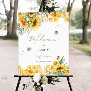 Cartello di benvenuto per baby shower con miele di girasole modificabile, calabrone, cartello da cortile, download immediato stampabile, cartello di benvenuto per baby shower con api di girasole