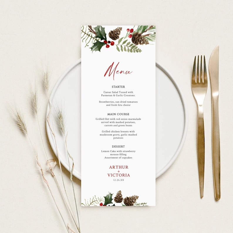 Christmas Menu Card, Holiday Menu Template, Instant Download, Printable ...