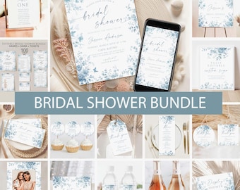 Blue Floral Bridal Shower Invitation Bundle, Editable French Toile Games