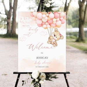 Editable Teddy Bear Baby Shower Welcome Sign, pink balloon Baby Shower Welcome Sign, Printable Baby Shower Sign,pink teddy bear welcome sign