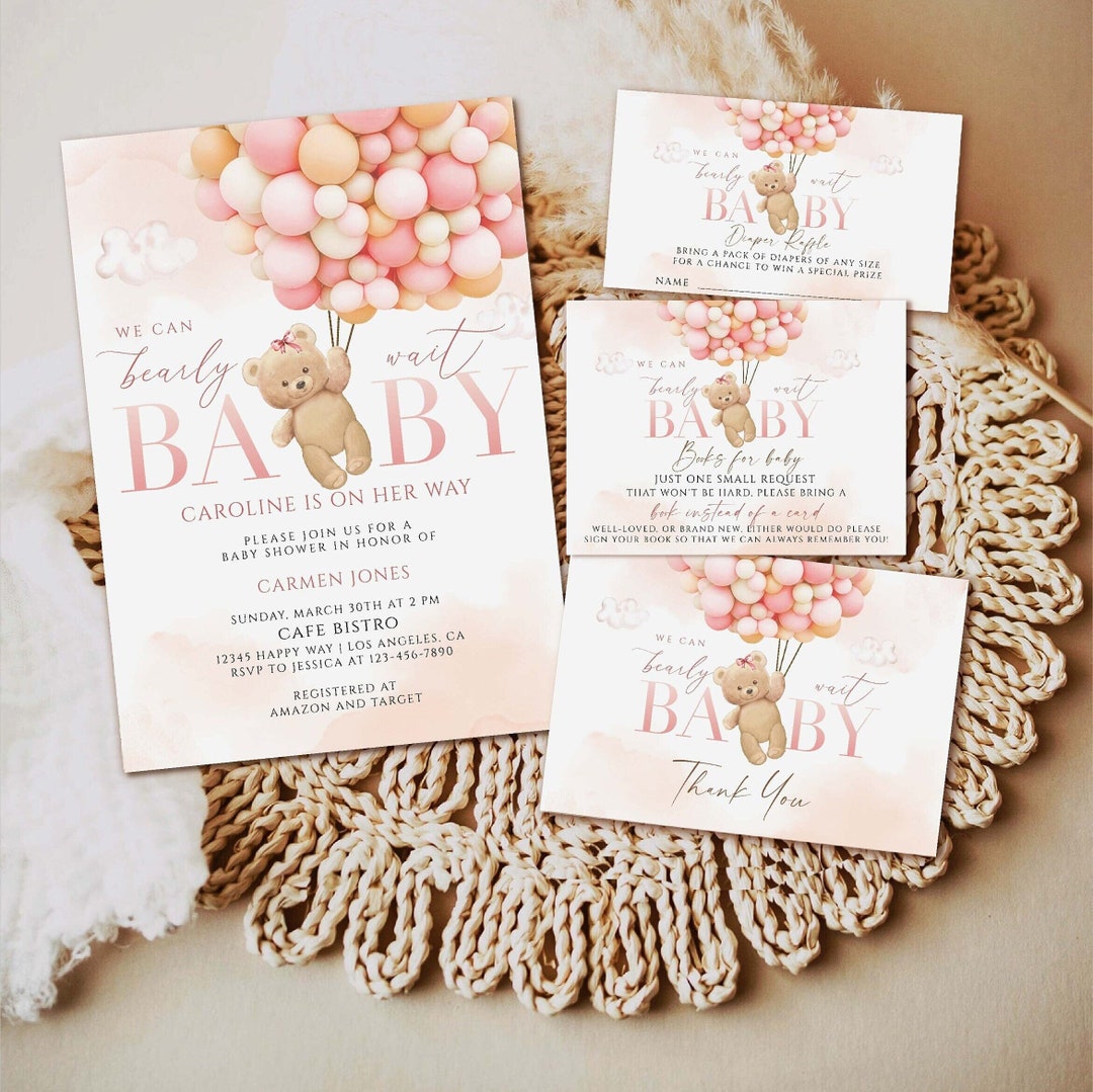 Pink Teddy Bear Baby Shower Invitation Template, We Can Bearly Wait ...