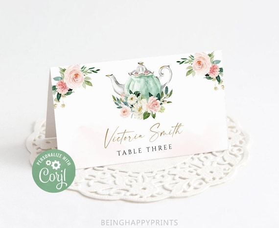 Blush Pink Floral Place Cards, Tea Party Template (Editable)
