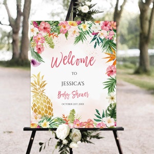 Editable Pineapple Baby Shower Welcome Sign, Tropical welcome sign, Girl Baby Shower Poster, Hawaiian, Aloha, Printable Instant Download
