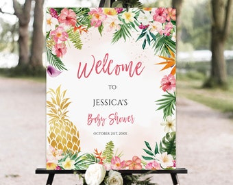 Editable Pineapple Baby Shower Welcome Sign, Tropical Floral Hawaiian, Aloha, Printable Girl (Digital Download)