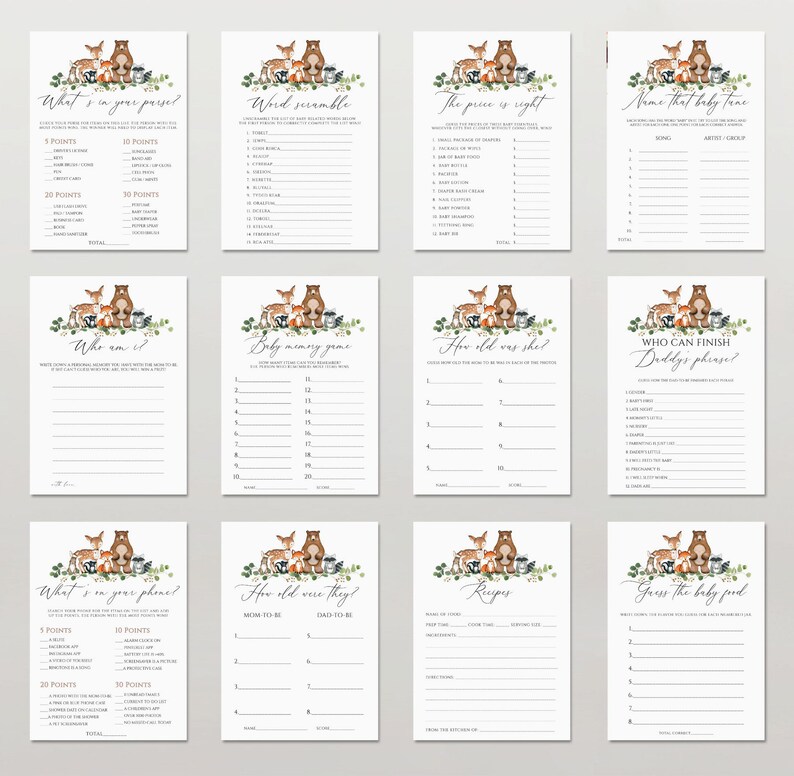 Woodland Baby Shower Games Printable Editable Baby Shower | Etsy