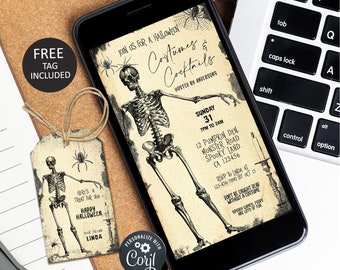 May include: A smartphone screen displays a Halloween party invitation with a skeleton illustration and the text "Costumes & Cocktails." A matching tag with a skeleton and spider is included. The invitation includes event details.
