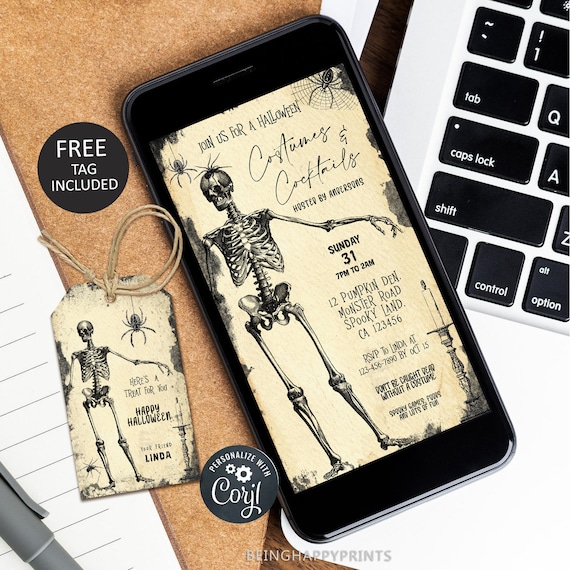 Vintage Skull Halloween Evite, Costumes & Cocktails Party (Editable Download)
