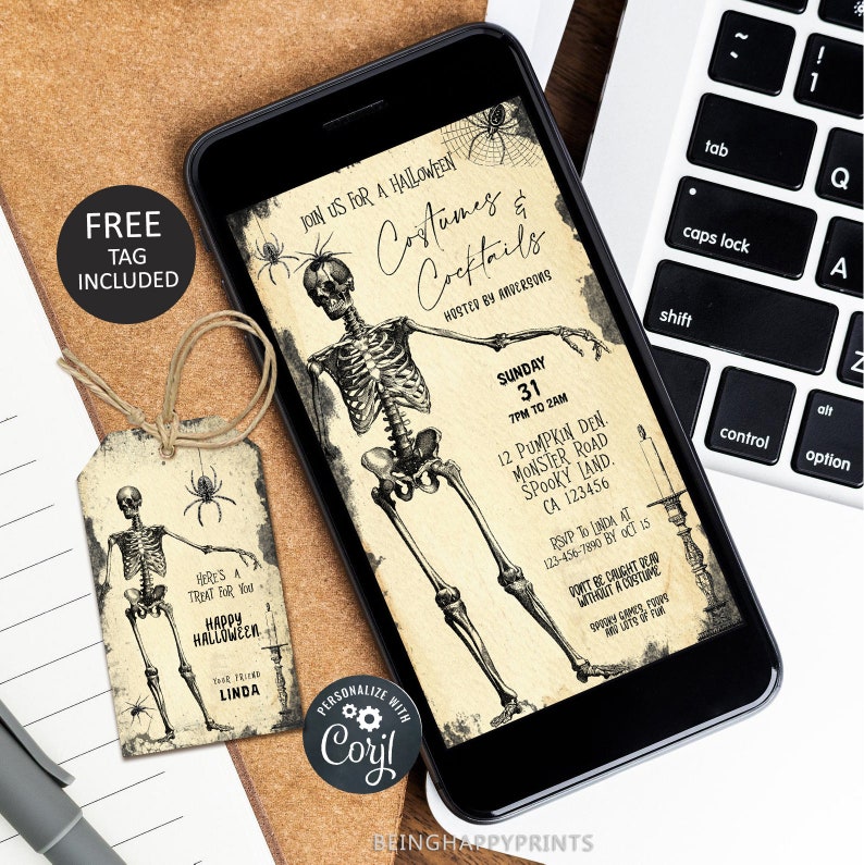 May include: A Halloween party invitation displayed on a smartphone screen, featuring a skeleton illustration and the text "Costumes & Cocktails." A matching tag with a skeleton and spider is included. The invitation includes event details.