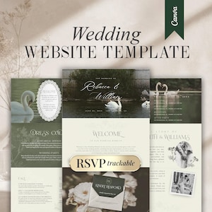 Puede incluir: Una plantilla de sitio web de bodas con un diseño suave y elegante. El diseño incluye secciones para el registro, el código de vestimenta, los detalles de la fiesta de bodas y una función RSVP. La plantilla presenta imágenes de cisnes y elementos florales.