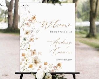 Plantilla de cartel de bienvenida para bodas con diseño floral de flores silvestres, editable (descarga digital)