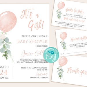 Baby Shower Invitation set, Baby girl Shower Invitations, Pink Balloon, Girl Greenery Baby Shower, pink balloon Invite, Baby Shower