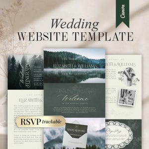 Puede incluir: Una plantilla de sitio web de bodas con temática de bosque. El diseño incluye un itinerario de fin de semana, un mensaje de bienvenida, una sección de RSVP y detalles del registro. La plantilla presenta el texto "Wedding WEBSITE TEMPLATE" y el logotipo de Canva.